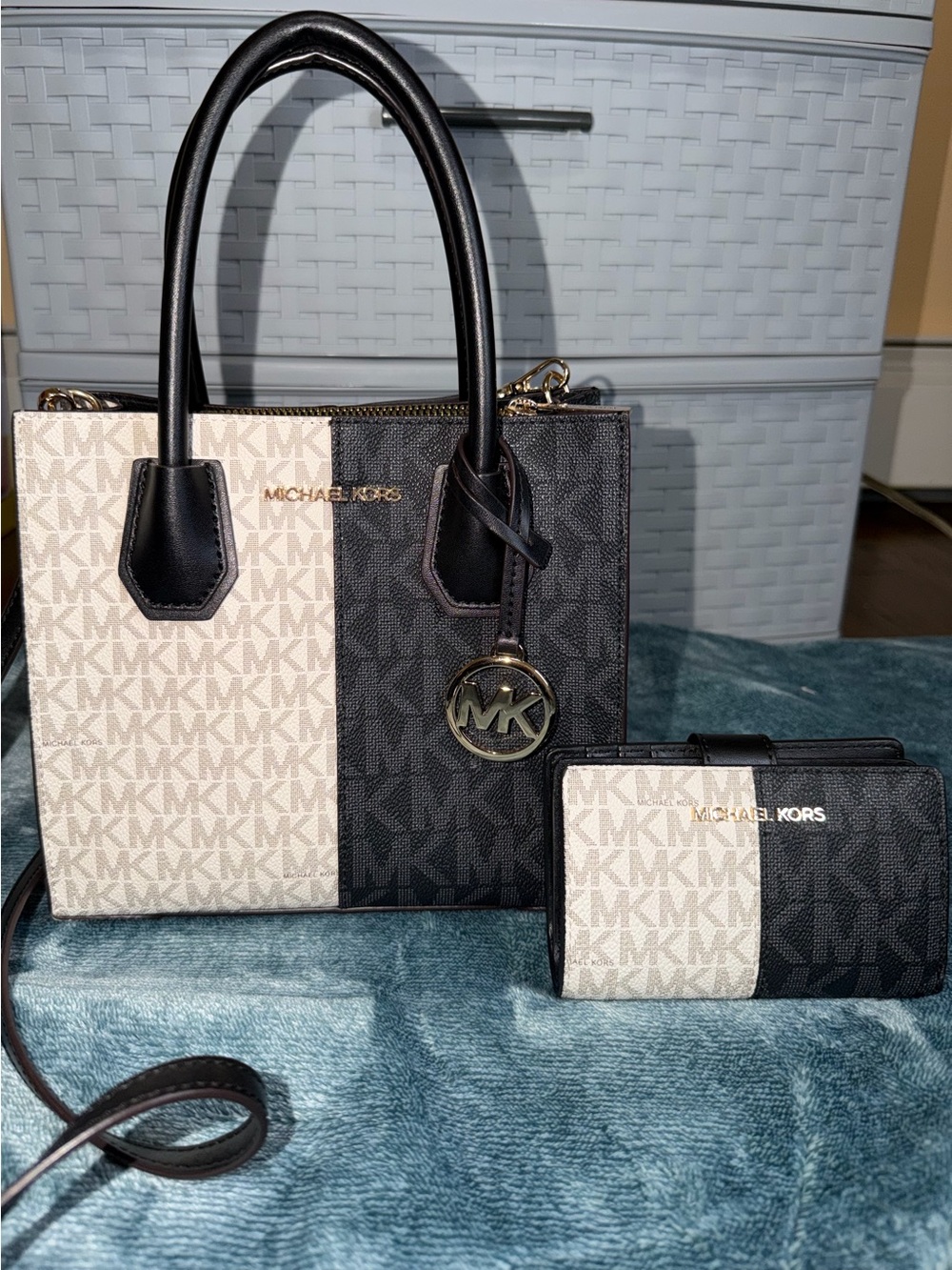 Michael Kors Two-Tone Black and Cream Signature Tote with Matching Wallet